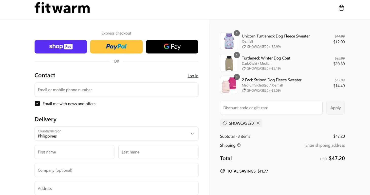 Fitwarm discount code screenshot showing code SHOWCASE20 applied at Fitwarm checkout page. Uploaded by SimplyCodes community member jade5416625024720 on May 22, 2025
