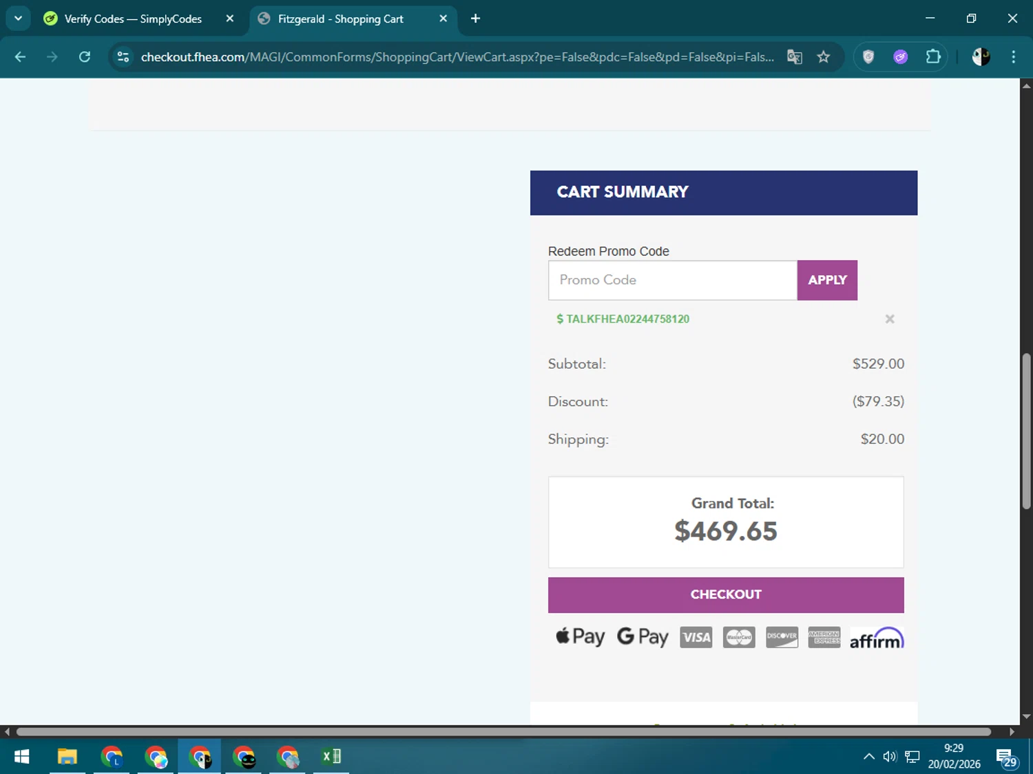 Fitzgerald checkout page showing Fitzgerald coupon code box | Screenshot taken by SimplyCodes community member on Feb 20, 2026