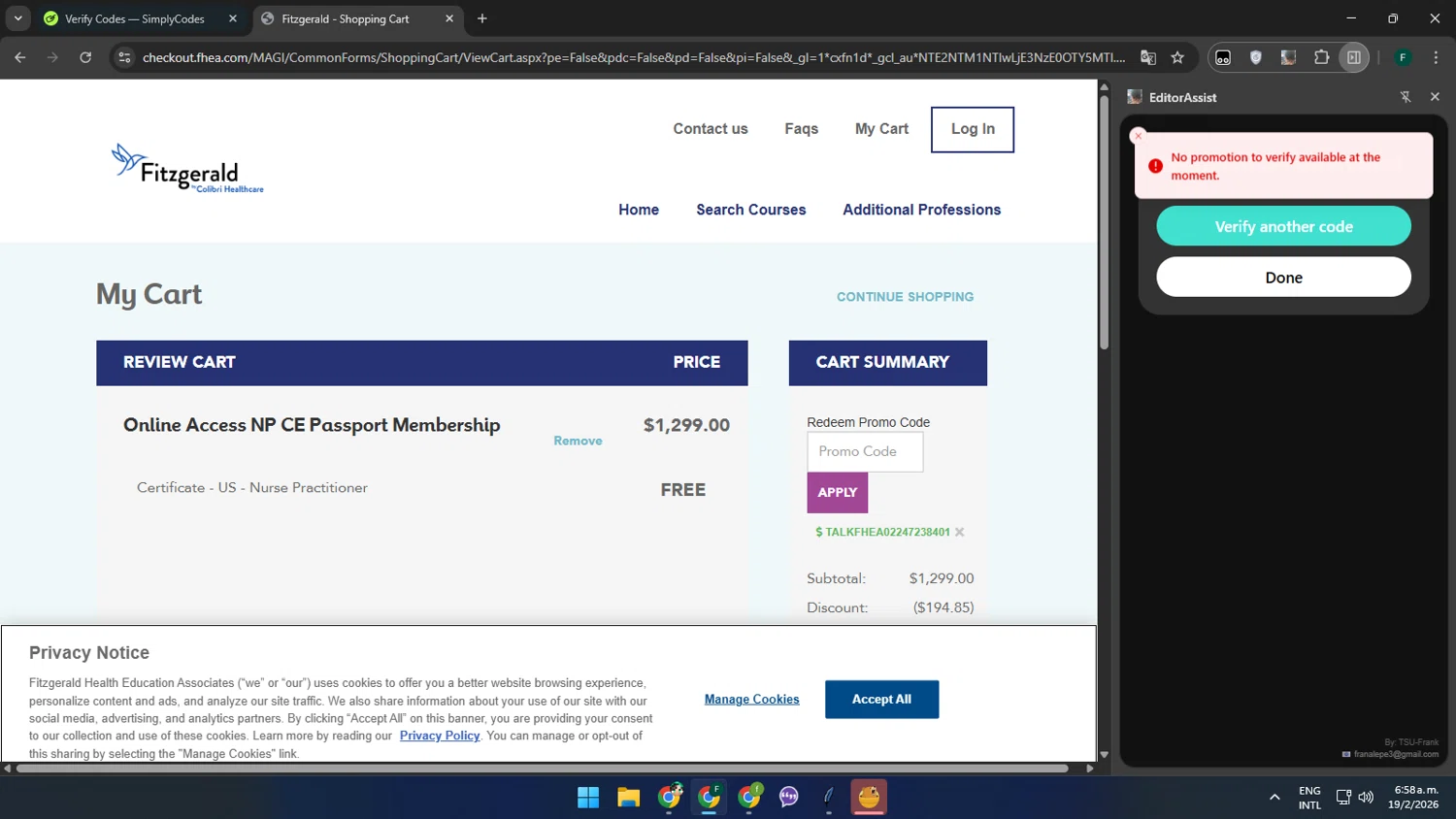 Fitzgerald checkout page showing Fitzgerald coupon code box | Screenshot taken by SimplyCodes community member on Feb 19, 2026