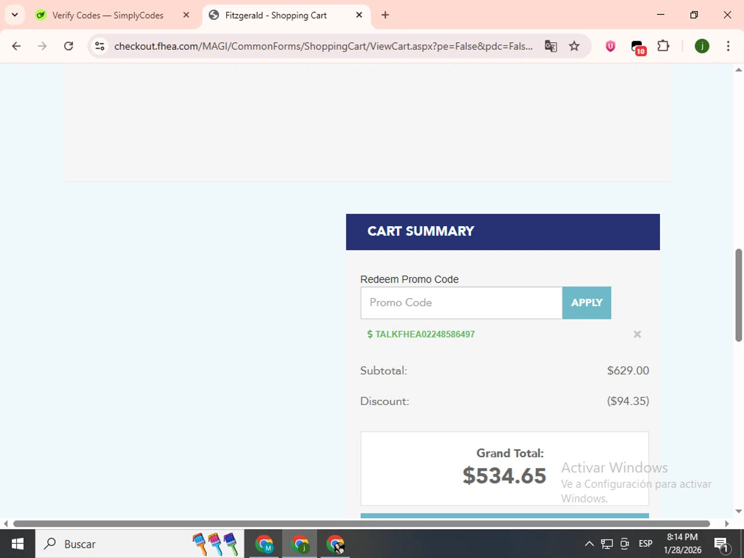 Fitzgerald coupon code screenshot showing code TALKFHEA02248586497 applied at Fitzgerald checkout page. Uploaded by SimplyCodes community member SavingsCollector2592 on Jan 29, 2026