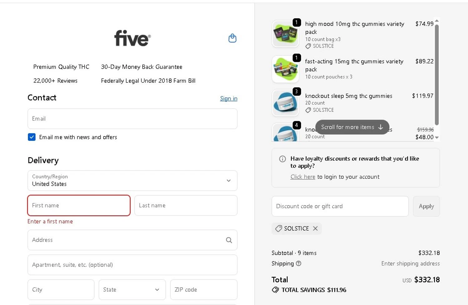 Five CBD promo code screenshot showing code SOLSTICE applied at Five CBD checkout page. Uploaded by SimplyCodes community member LAMINEJAMAL on Jun 23, 2026