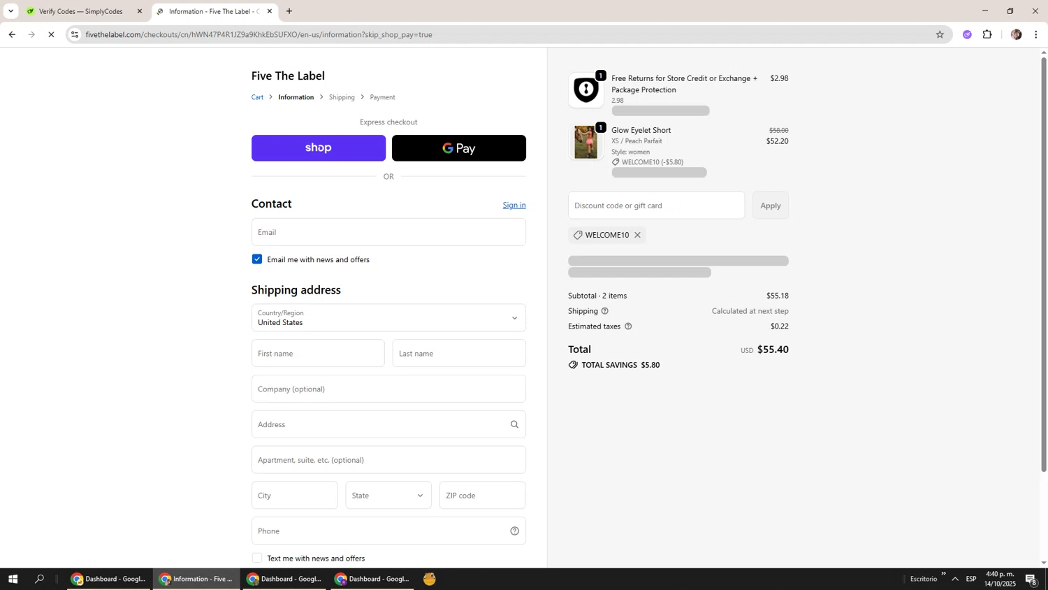 Five Dancewear discount code screenshot showing code WELCOME10 applied at Five Dancewear checkout page. Uploaded by SimplyCodes community member Levi_Ackerman on Oct 14, 2025