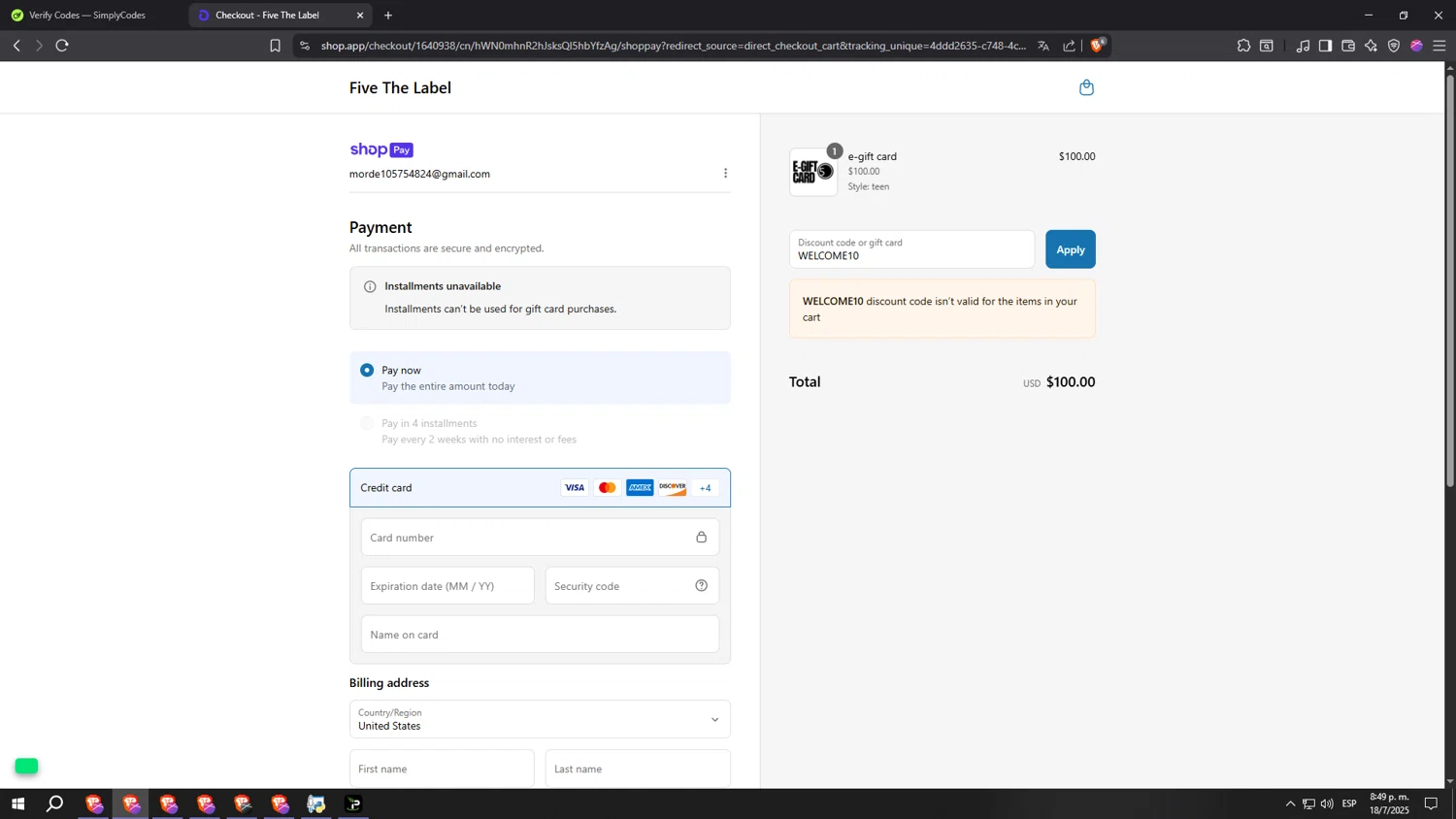Five Dancewear discount code screenshot showing code WELCOME10 applied at Five Dancewear checkout page. Uploaded by SimplyCodes community member aaaaaaaaaaaaaaaa on Jul 19, 2025