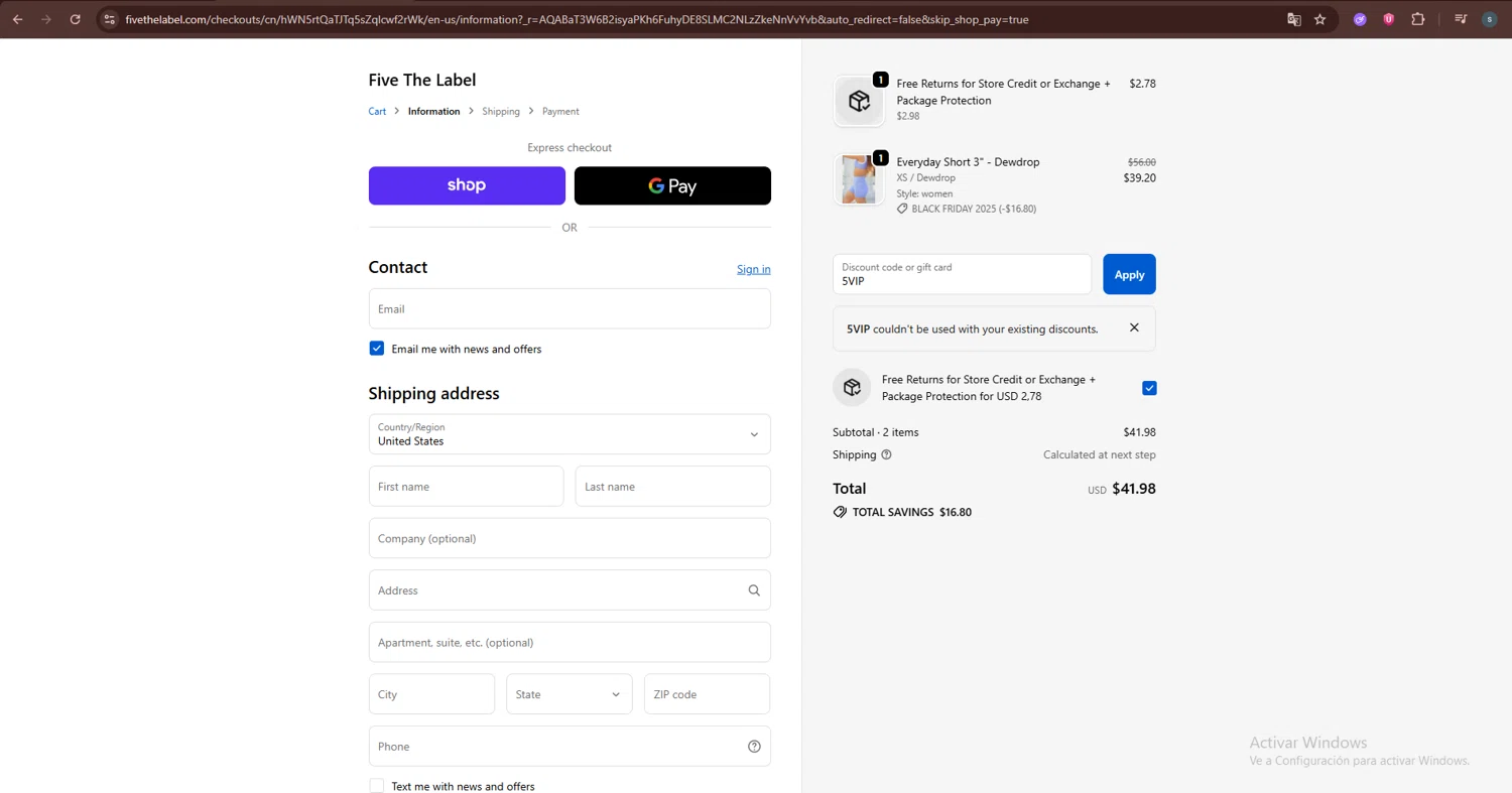 Five Dancewear discount code screenshot showing code 5VIP applied at Five Dancewear checkout page. Uploaded by SimplyCodes community member CleverChaser9201 on Nov 29, 2025