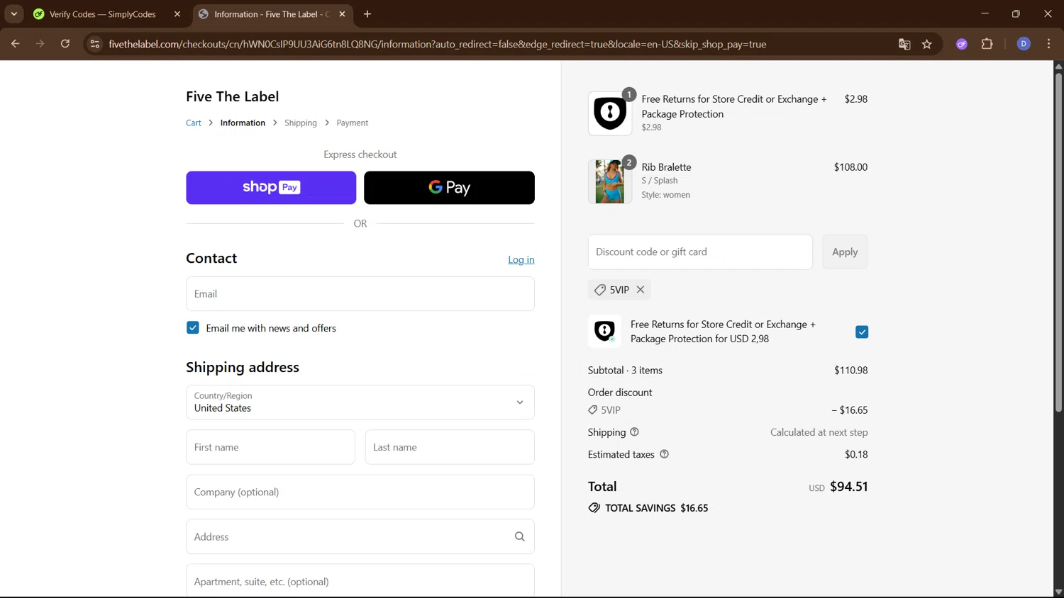 Five Dancewear discount code screenshot showing code 5VIP applied at Five Dancewear checkout page. Uploaded by SimplyCodes community member PennyCurator6489 on Jul 3, 2025