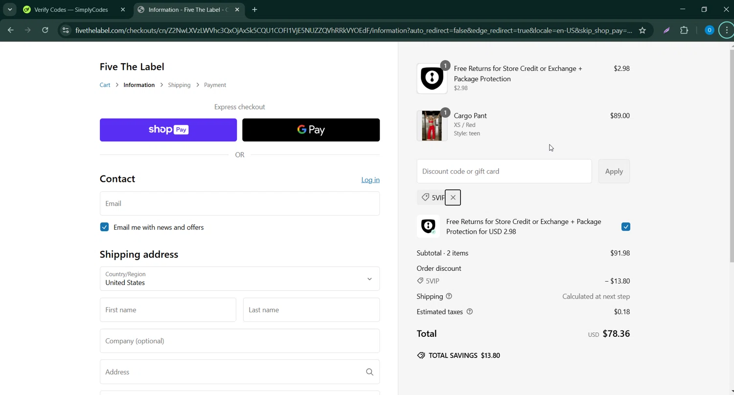 Five Dancewear discount code screenshot showing code 5VIP applied at Five Dancewear checkout page. Uploaded by SimplyCodes community member GoldChaser6627 on Mar 2, 2025