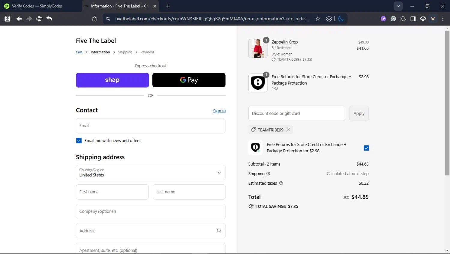Five Dancewear discount code screenshot showing code TEAMTRIBE99 applied at Five Dancewear checkout page. Uploaded by SimplyCodes community member User_Randon1 on Sep 16, 2025