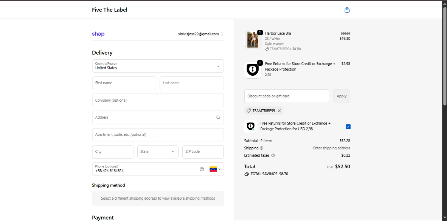 Five Dancewear discount code screenshot showing code TEAMTRIBE99 applied at Five Dancewear checkout page. Uploaded by SimplyCodes community member Xiooh29 on Oct 14, 2025