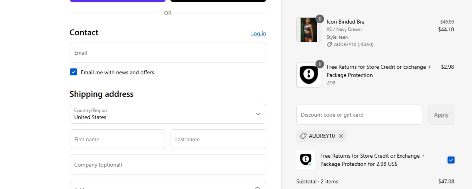 Five Dancewear discount code screenshot showing code AUDREY10 applied at Five Dancewear checkout page. Uploaded by SimplyCodes community member ashe1986 on Aug 26, 2025