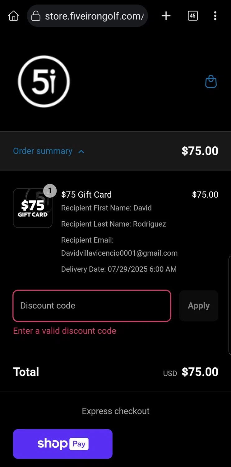 Five Iron Golf promo code screenshot showing code KINGDOM15 applied at Five Iron Golf checkout page. Uploaded by SimplyCodes community member Carloslvz on Jul 28, 2025