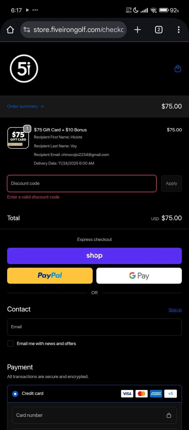 Five Iron Golf promo code screenshot showing code CODE10 applied at Five Iron Golf checkout page. Uploaded by SimplyCodes community member Bjhfuhdf on Nov 23, 2025