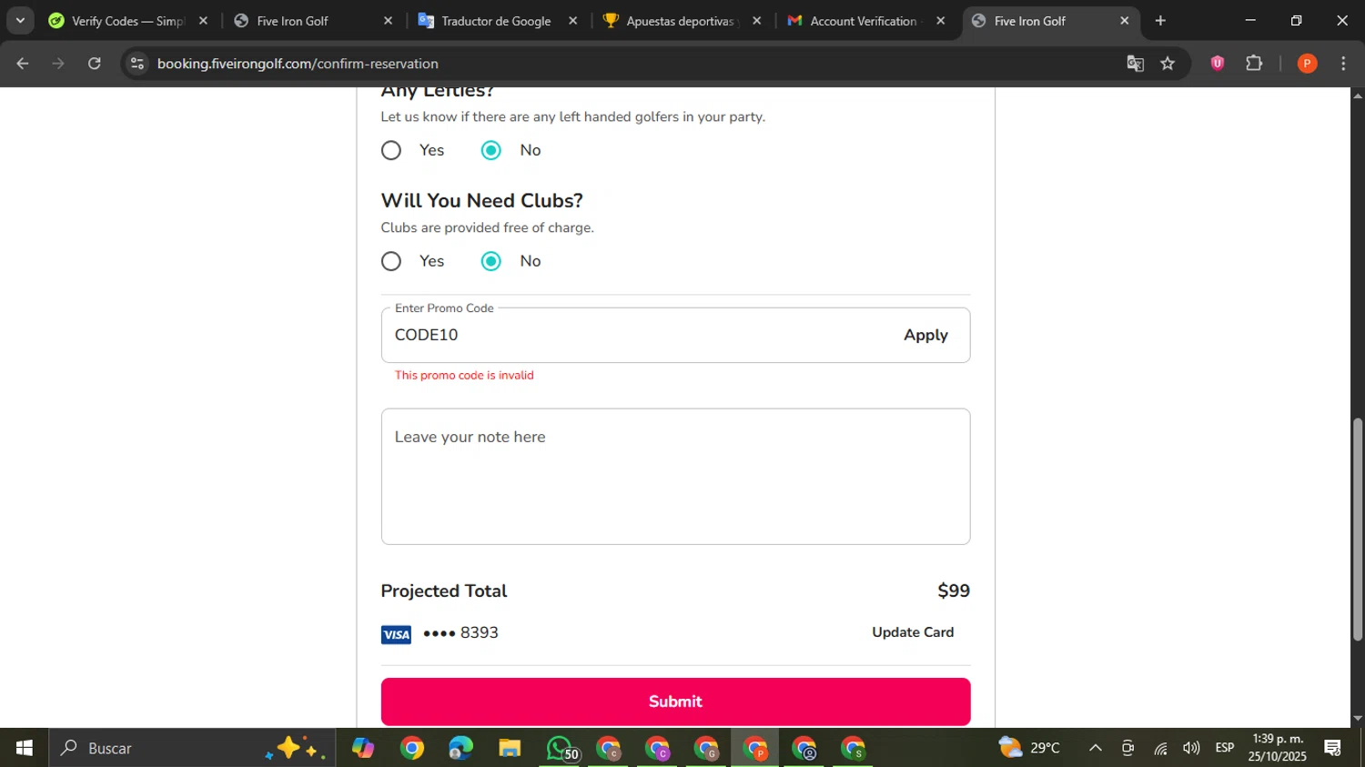 Five Iron Golf promo code screenshot showing code CODE10 applied at Five Iron Golf checkout page. Uploaded by SimplyCodes community member VictoriousCaptain2658 on Oct 25, 2025