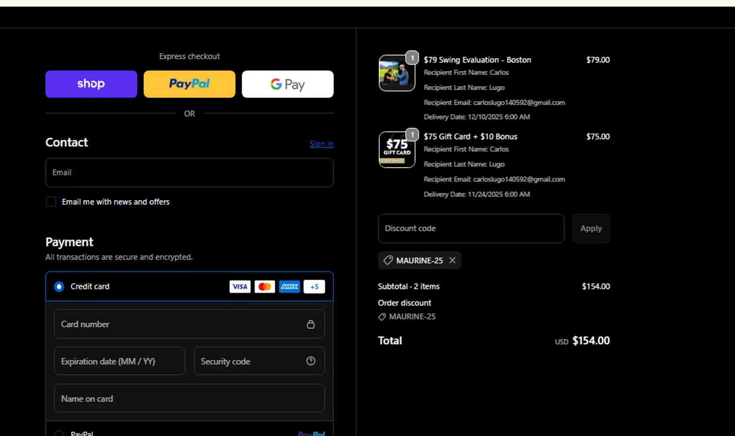 Five Iron Golf promo code screenshot showing code Maurine-25 applied at Five Iron Golf checkout page. Uploaded by SimplyCodes community member carlosrivero on Dec 9, 2025