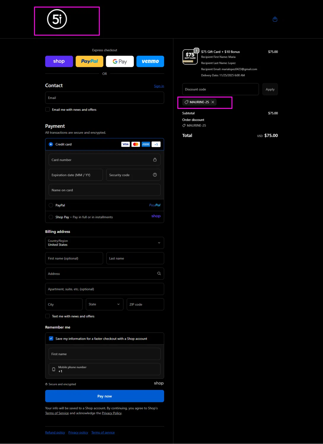Five Iron Golf promo code screenshot showing code Maurine-25 applied at Five Iron Golf checkout page. Uploaded by SimplyCodes community member mrdarcy on Nov 25, 2025
