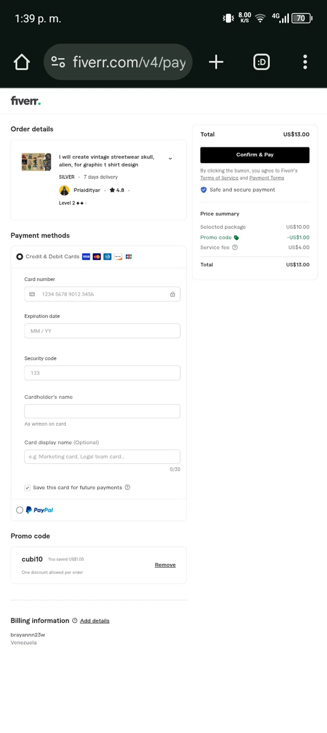 Fiverr promo code screenshot showing code cubi10 applied at Fiverr checkout page. Uploaded by SimplyCodes community member Bernado on Jan 17, 2026