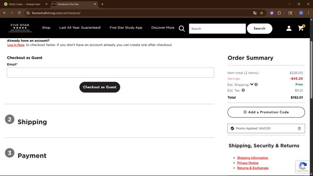 Five Star checkout page showing Five Star coupon code box | Screenshot taken by SimplyCodes community member on Jun 16, 2025
