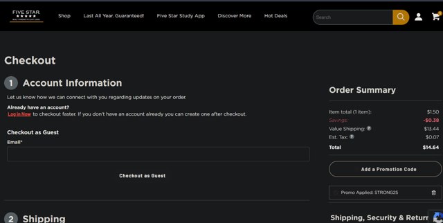 Five Star checkout page showing Five Star coupon code box | Screenshot taken by SimplyCodes community member on Sep 1, 2025