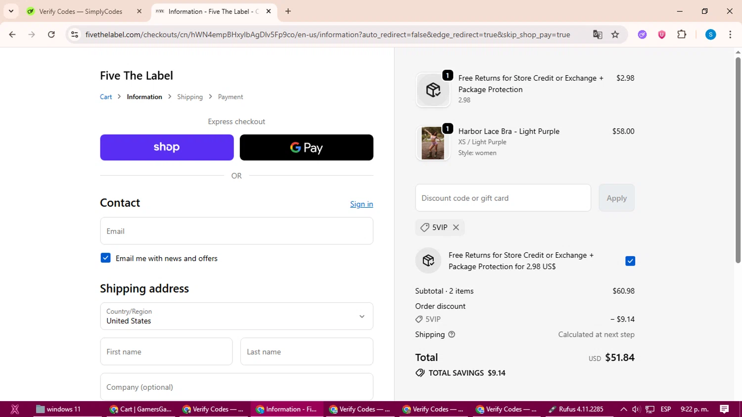 Five The Label discount code screenshot showing code 5VIP applied at Five The Label checkout page. Uploaded by SimplyCodes community member uleesesv on Oct 29, 2025