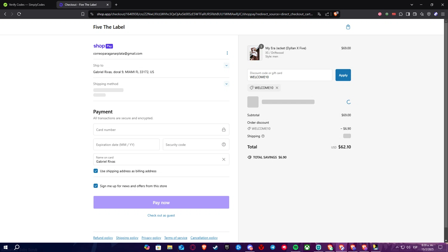 Five The Label discount code screenshot showing code WELCOME10 applied at Five The Label checkout page. Uploaded by SimplyCodes community member ElPelao on Feb 15, 2025
