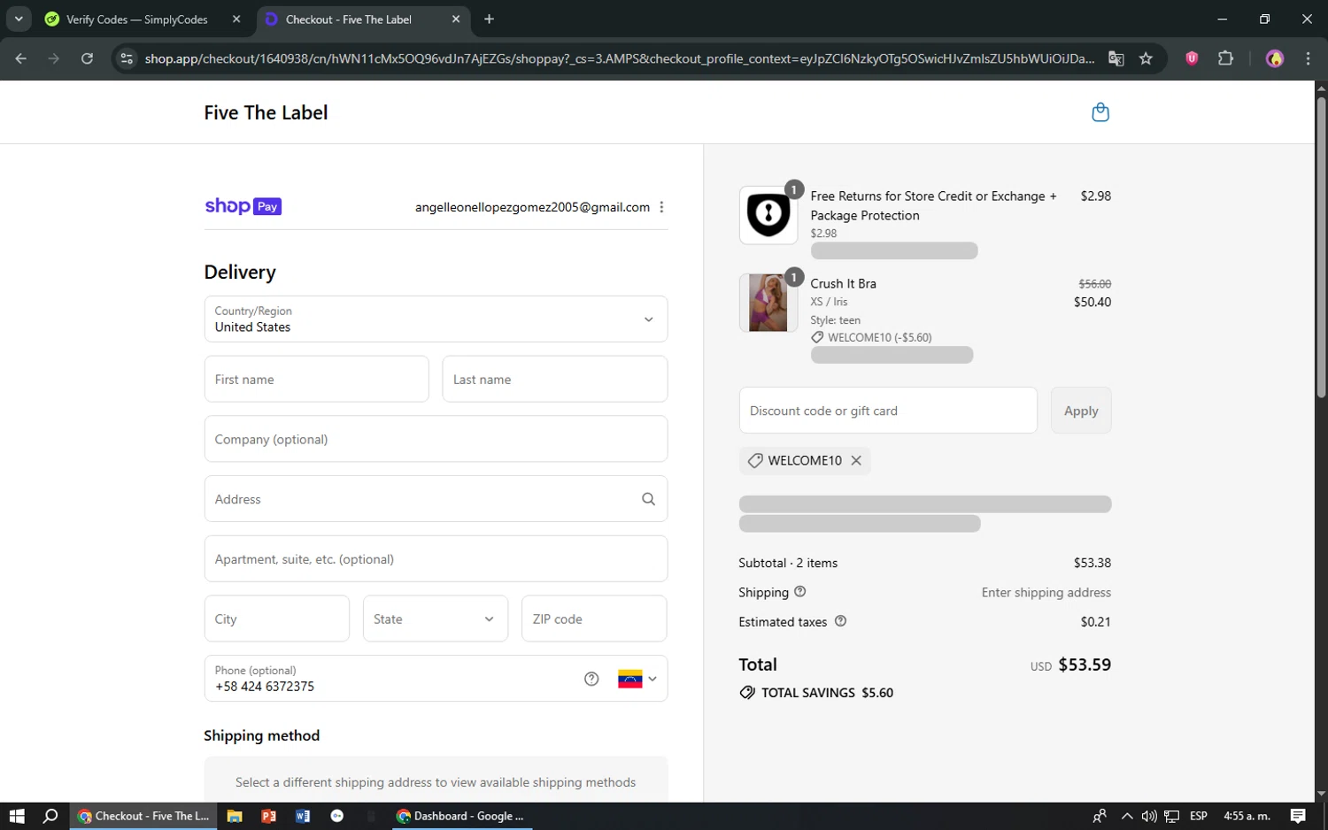 Five The Label discount code screenshot showing code WELCOME10 applied at Five The Label checkout page. Uploaded by SimplyCodes community member TreasureShopper9156 on Jul 25, 2025