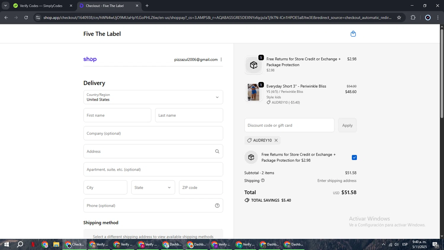 Five The Label discount code screenshot showing code AUDREY10 applied at Five The Label checkout page. Uploaded by SimplyCodes community member RoyalBoss4384 on Nov 5, 2025