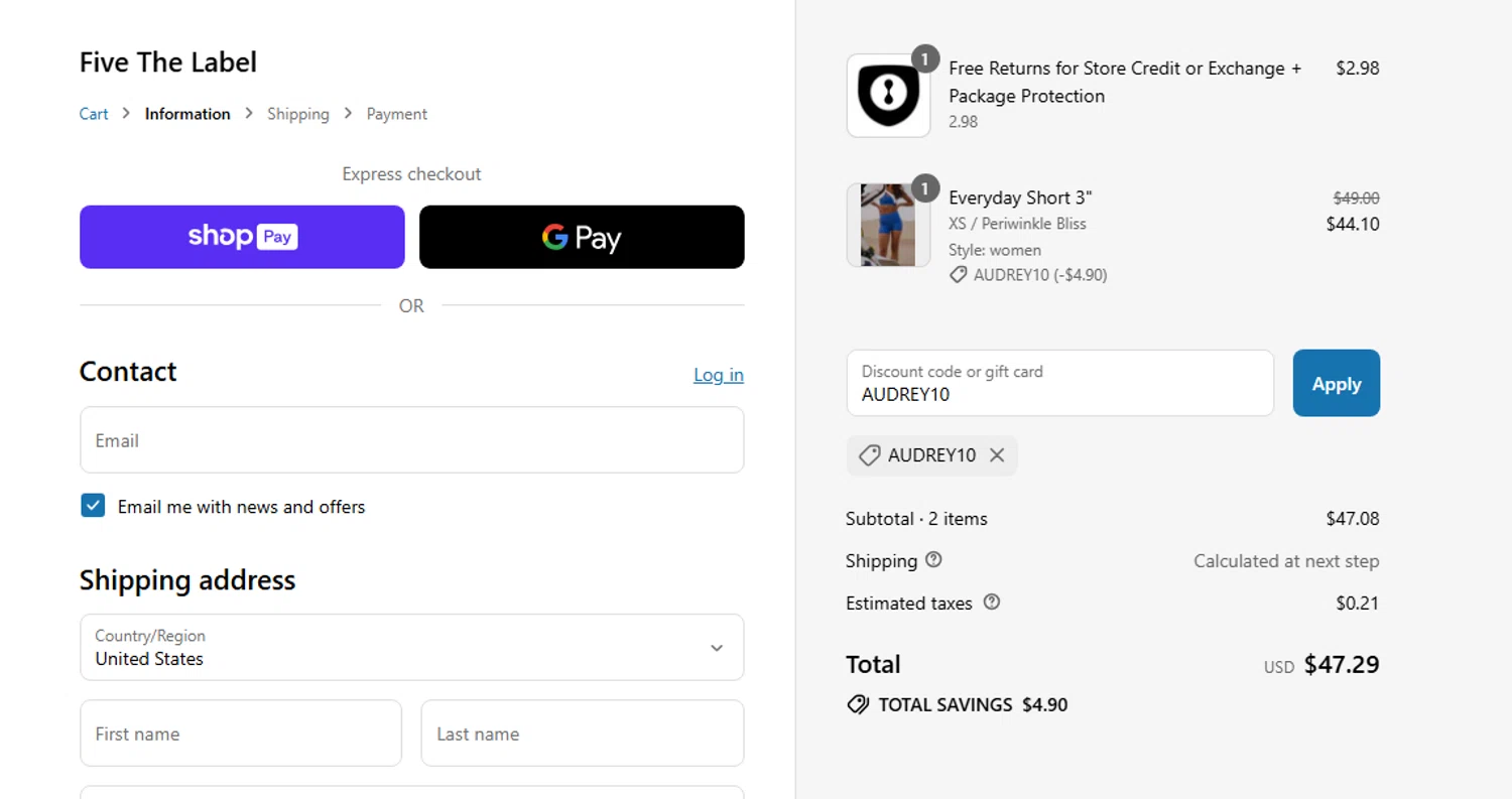 Five The Label discount code screenshot showing code AUDREY10 applied at Five The Label checkout page. Uploaded by SimplyCodes community member shark12 on Jul 31, 2025