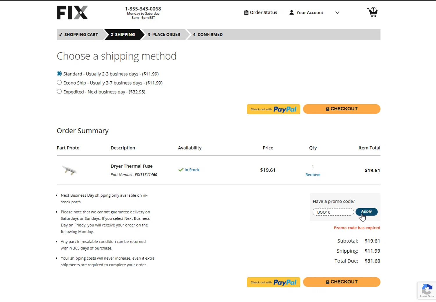 Fix.com promo code screenshot showing code BOO10 applied at Fix.com checkout page. Uploaded by SimplyCodes community member LuckyFinder274 on Jan 21, 2025
