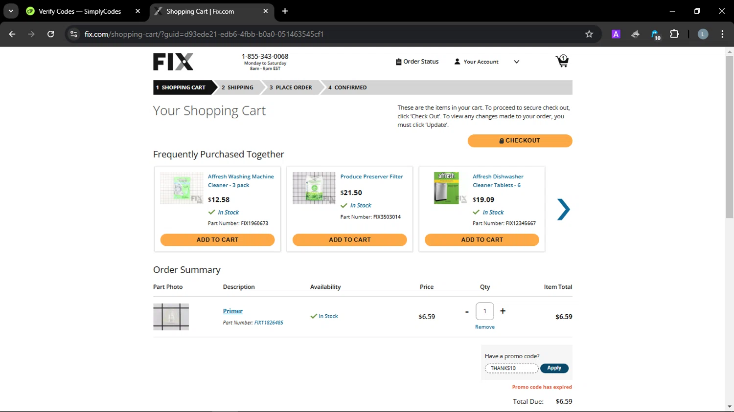 Fix.com promo code screenshot showing code THANKS10 applied at Fix.com checkout page. Uploaded by SimplyCodes community member JuanChi on Feb 25, 2025