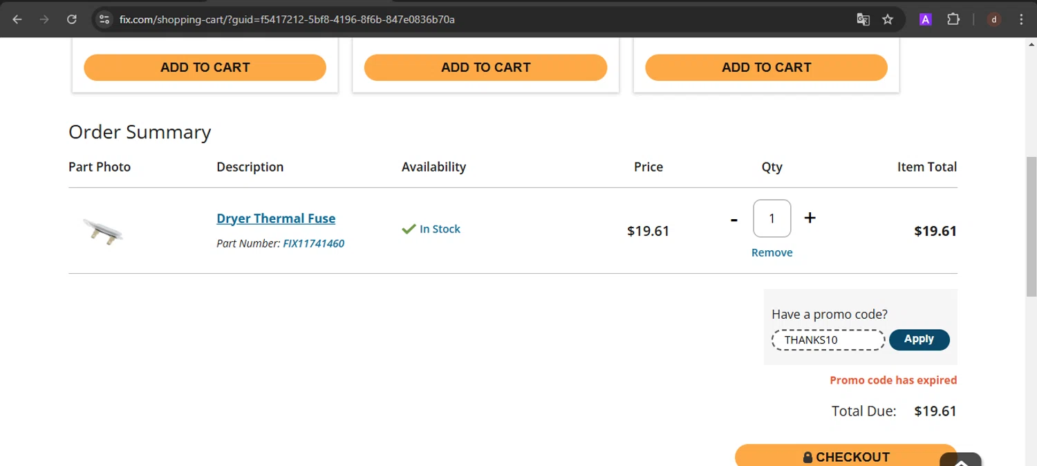 Fix.com promo code screenshot showing code THANKS10 applied at Fix.com checkout page. Uploaded by SimplyCodes community member VoucherSpotter9376 on Jan 19, 2025