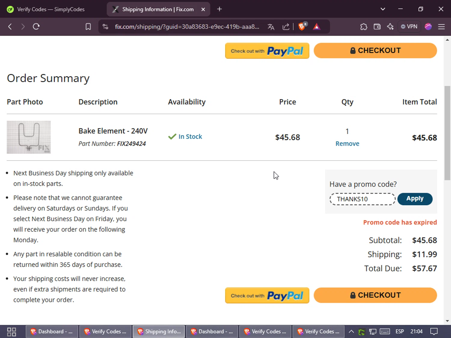 Fix.com promo code screenshot showing code THANKS10 applied at Fix.com checkout page. Uploaded by SimplyCodes community member Rayyyyyy on Jan 19, 2025