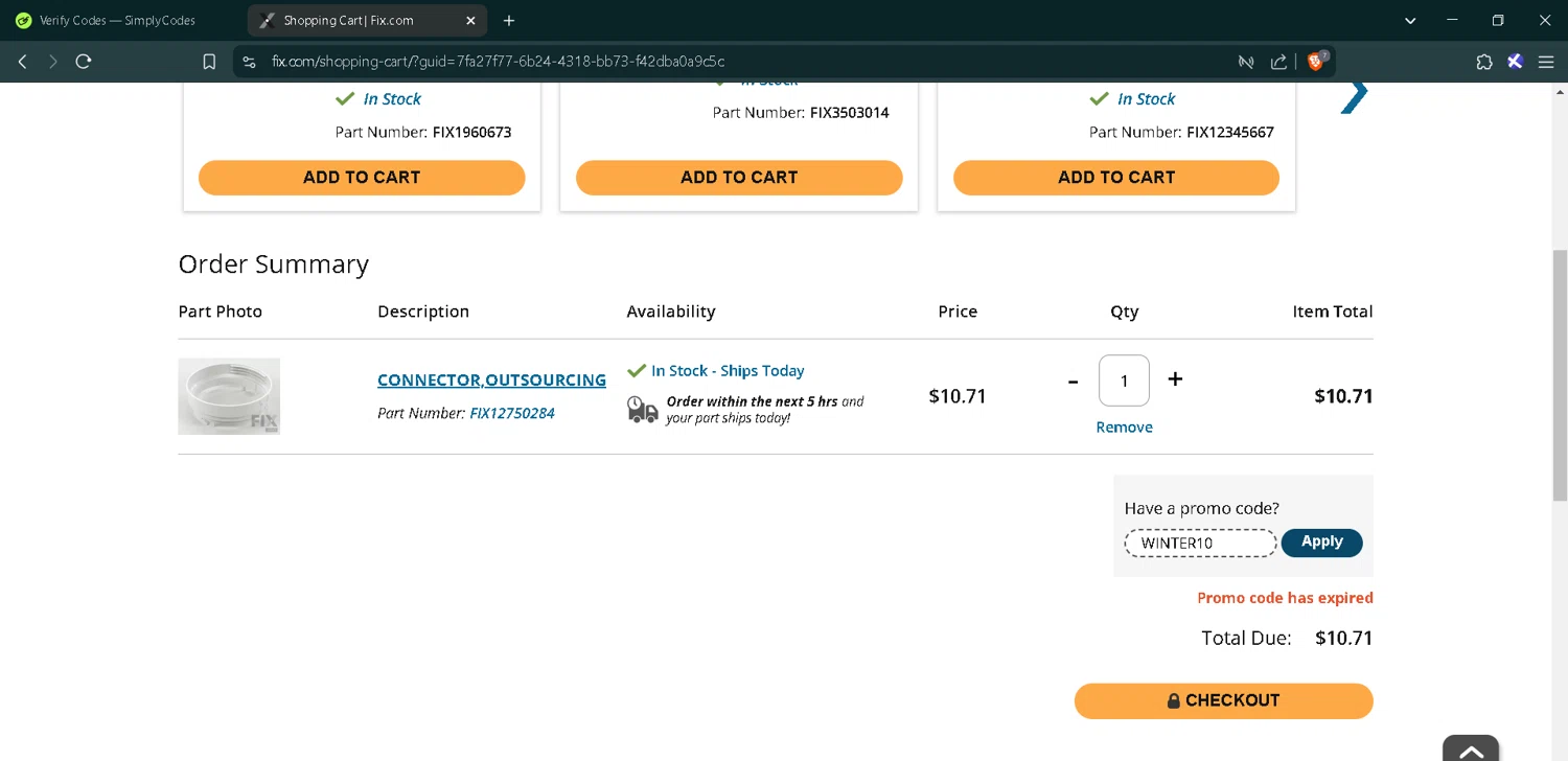 Fix.com promo code screenshot showing code WINTER10 applied at Fix.com checkout page. Uploaded by SimplyCodes community member RoyalMaverick7546 on Feb 19, 2025