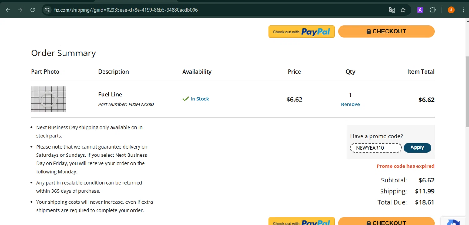Fix.com promo code screenshot showing code NEWYEAR10 applied at Fix.com checkout page. Uploaded by SimplyCodes community member PennyAdmiral6960 on Jan 18, 2025