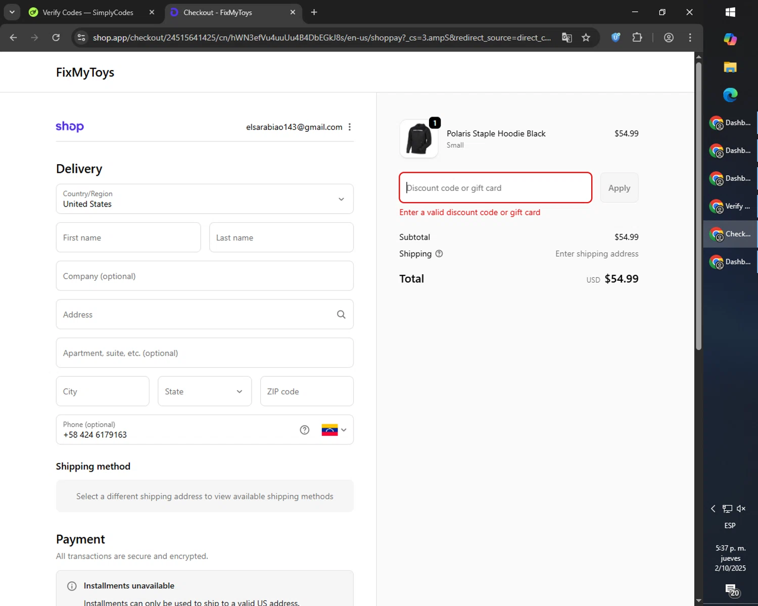 FixMyToys discount code screenshot showing code POLCLOTH applied at FixMyToys checkout page. Uploaded by SimplyCodes community member SmartMaverick5327 on Oct 2, 2025
