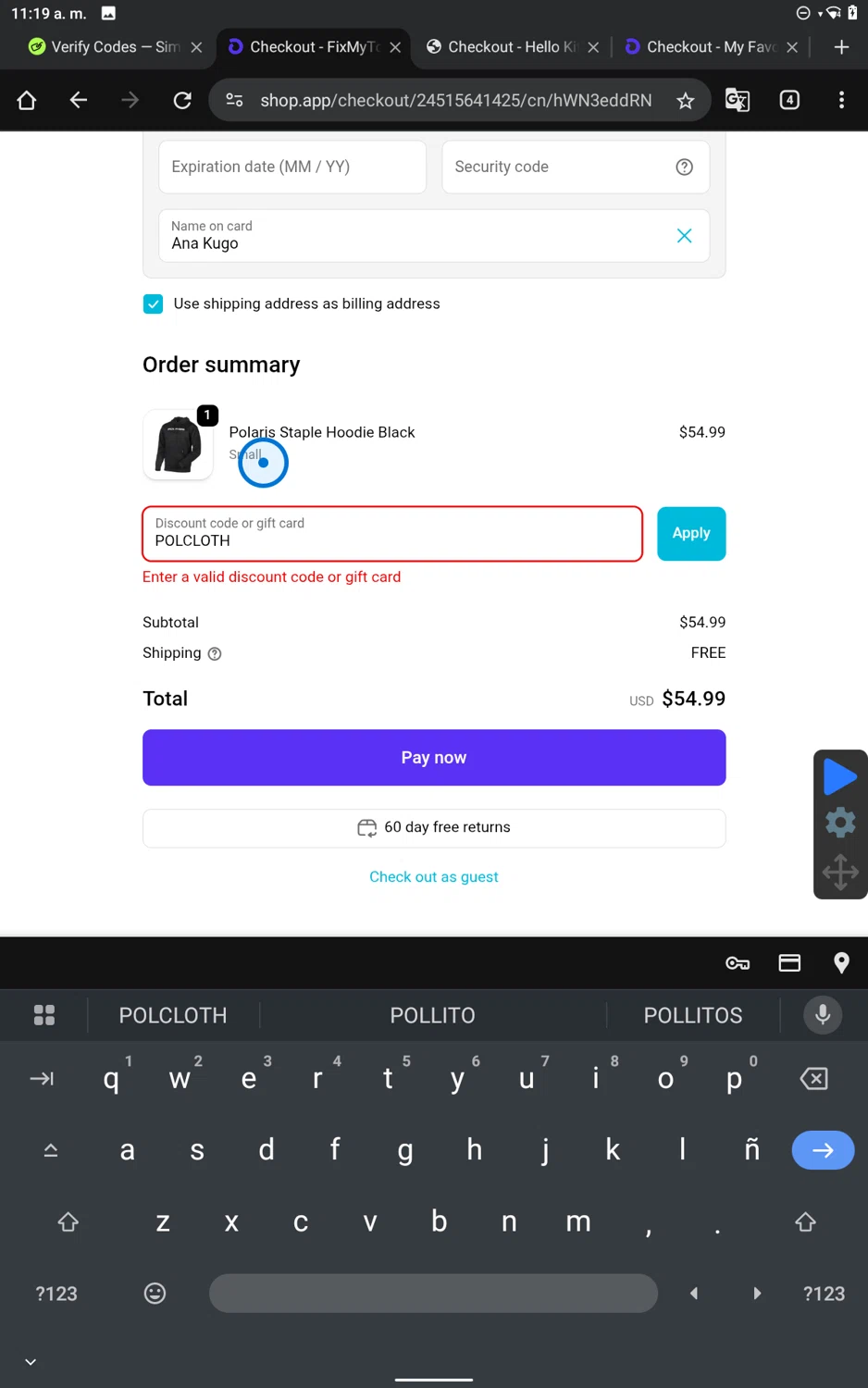 FixMyToys discount code screenshot showing code POLCLOTH applied at FixMyToys checkout page. Uploaded by SimplyCodes community member SmartWhiz9028 on Oct 2, 2025