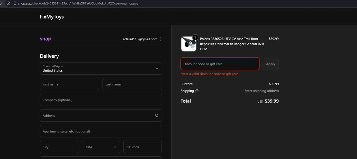 FixMyToys discount code screenshot showing code POLGAR applied at FixMyToys checkout page. Uploaded by SimplyCodes community member BMO123 on Oct 2, 2025