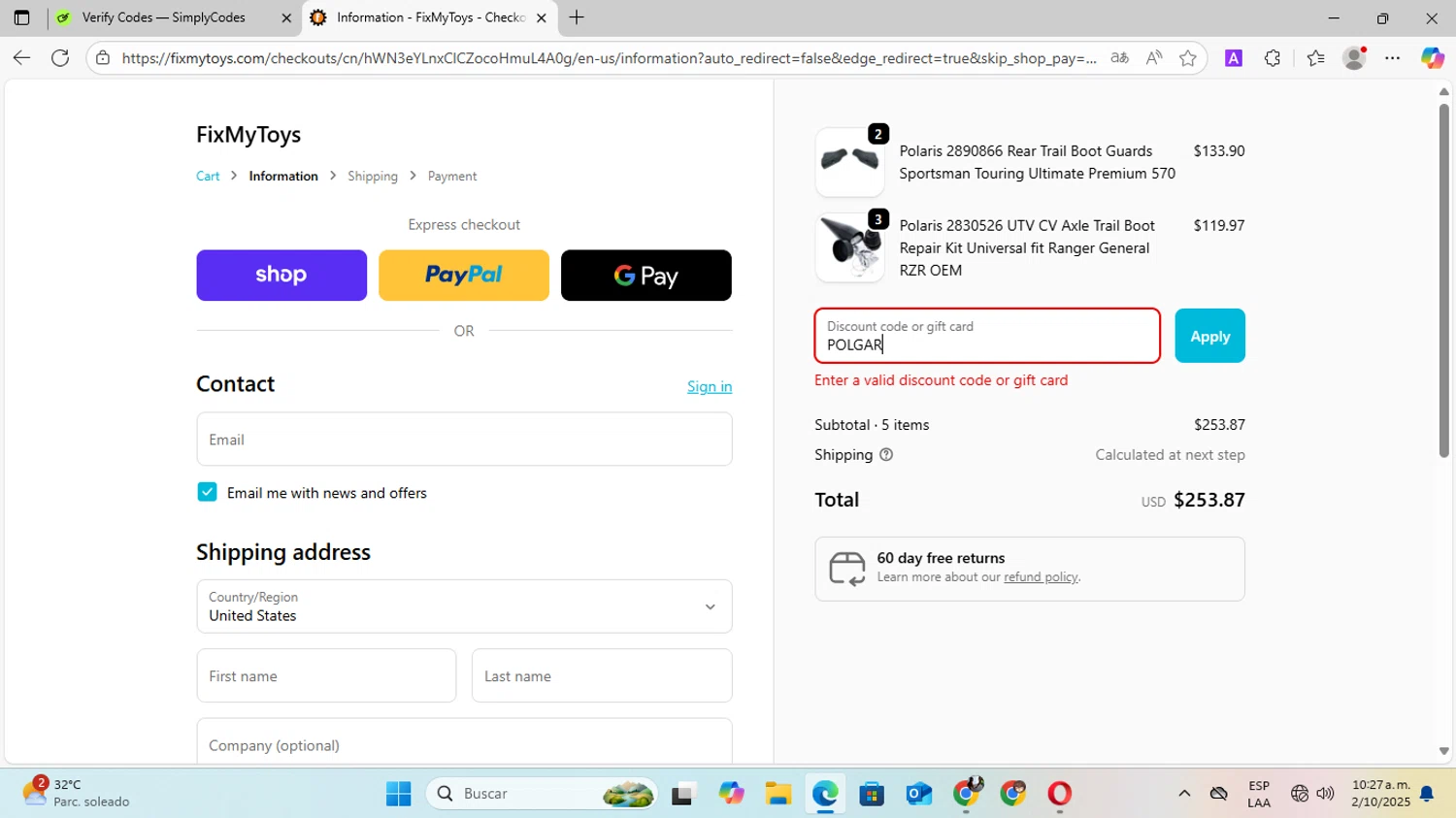 FixMyToys discount code screenshot showing code POLGAR applied at FixMyToys checkout page. Uploaded by SimplyCodes community member SilverVirtuoso7221 on Oct 2, 2025