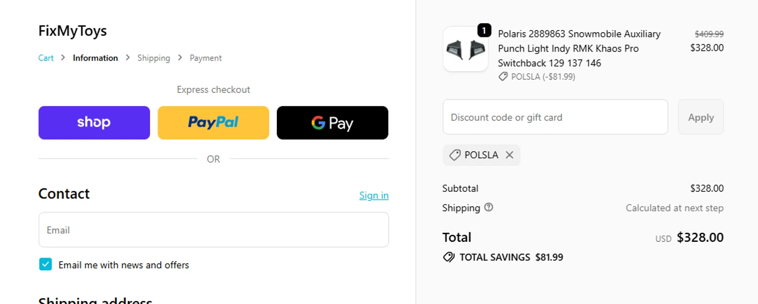 FixMyToys discount code screenshot showing code POLSLA applied at FixMyToys checkout page. Uploaded by SimplyCodes community member alfonsobriceo on Nov 7, 2025