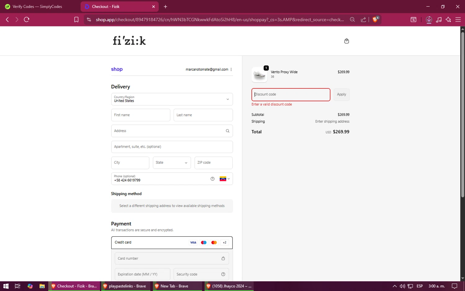 Fizik discount code screenshot showing code Fizik applied at Fizik checkout page. Uploaded by SimplyCodes community member XINNNN on Oct 1, 2025