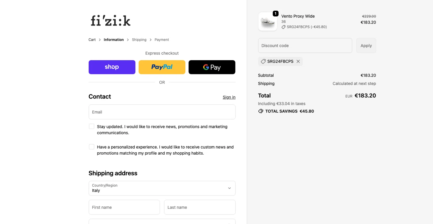 Fizik discount code screenshot showing code Fizik applied at Fizik checkout page. Uploaded by SimplyCodes community member ELOIN777 on Oct 1, 2025