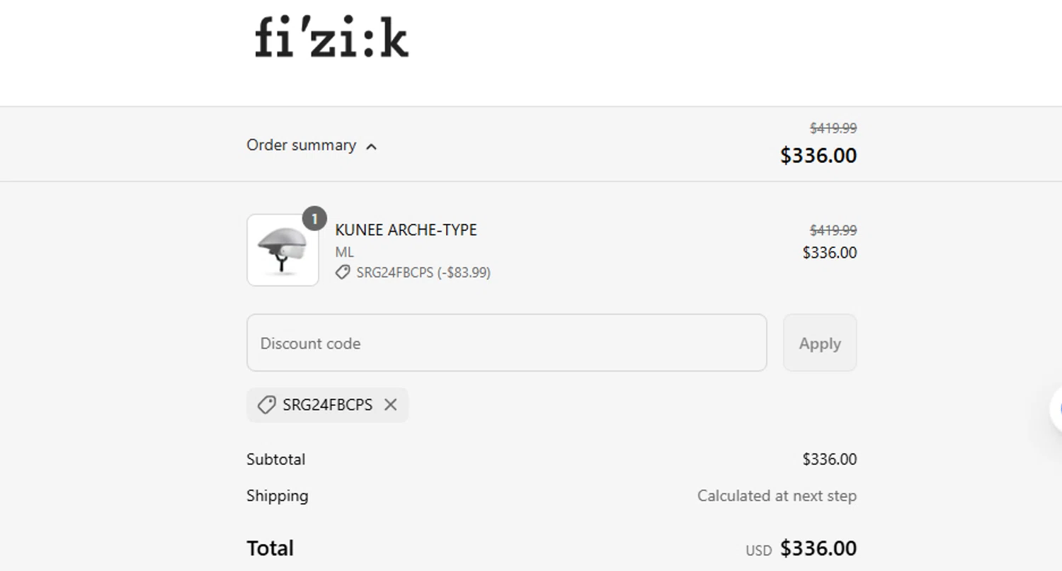 Fizik discount code screenshot showing code SRG24FBCPS applied at Fizik checkout page. Uploaded by SimplyCodes community member ashe1986 on Jul 17, 2025