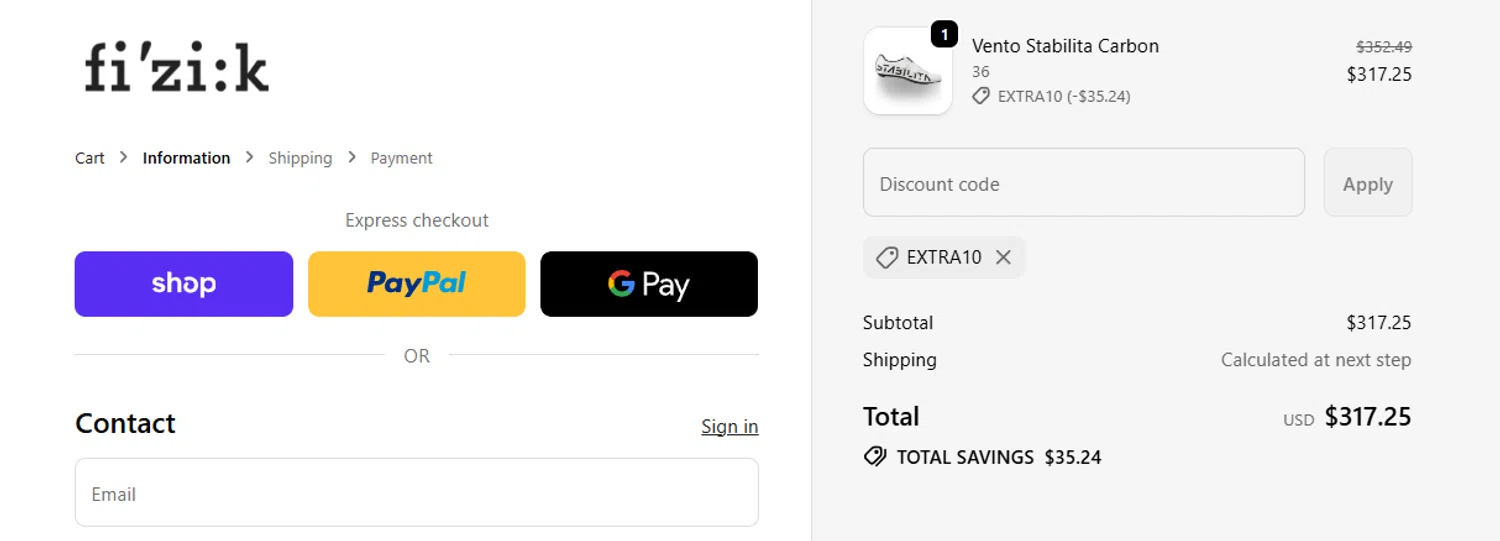 Fizik discount code screenshot showing code EXTRA10 applied at Fizik checkout page. Uploaded by SimplyCodes community member jesspea on Dec 2, 2025
