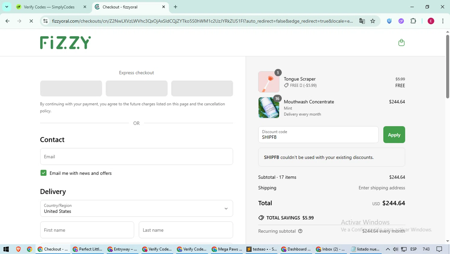 Fizzy Oral Care promo code screenshot showing code SHIPFB applied at Fizzy Oral Care checkout page. Uploaded by SimplyCodes community member BrilliantWhiz4434 on May 28, 2025