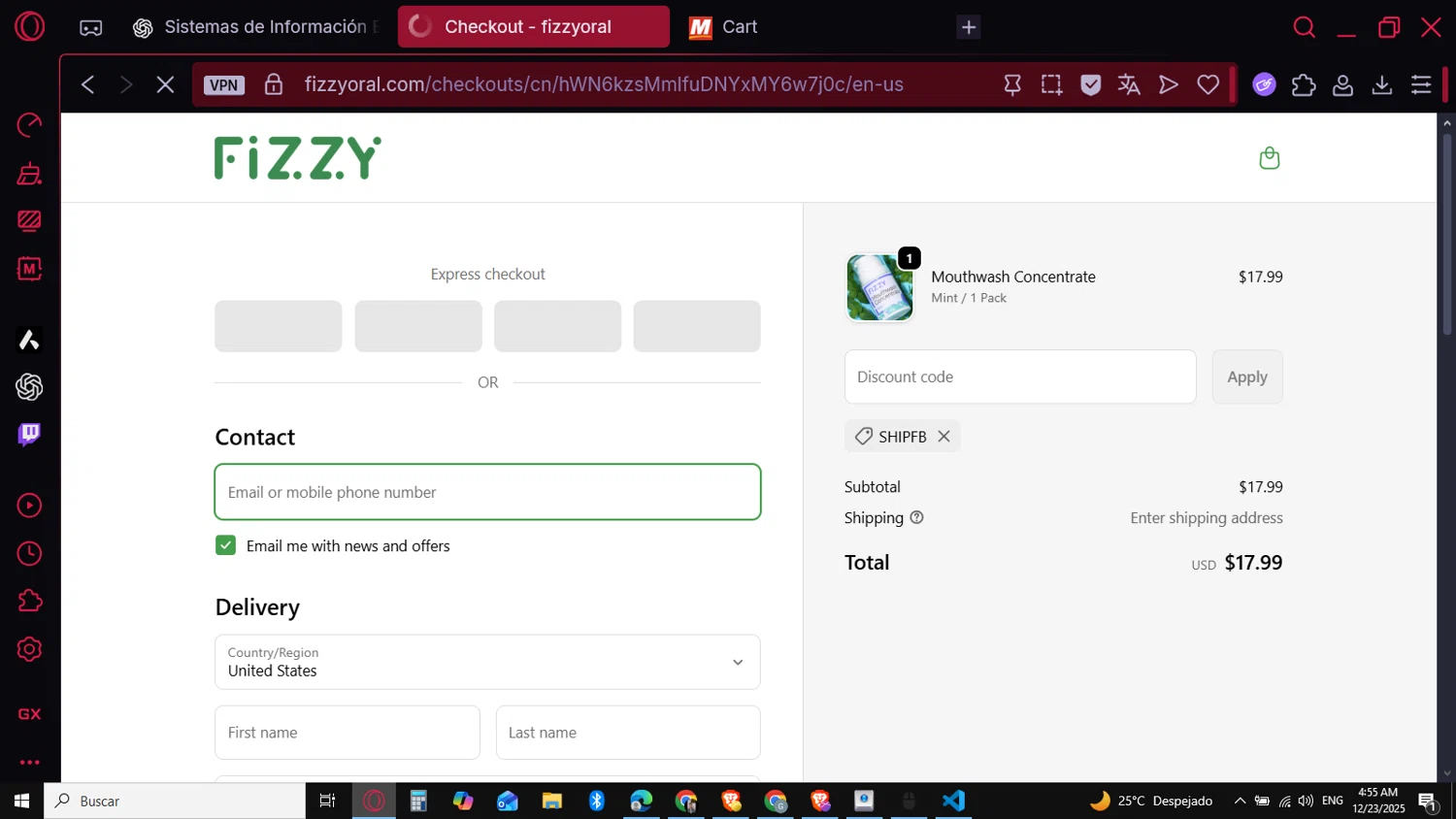 Fizzy Oral Care promo code screenshot showing code SHIPFB applied at Fizzy Oral Care checkout page. Uploaded by SimplyCodes community member Carbon132 on Dec 23, 2025