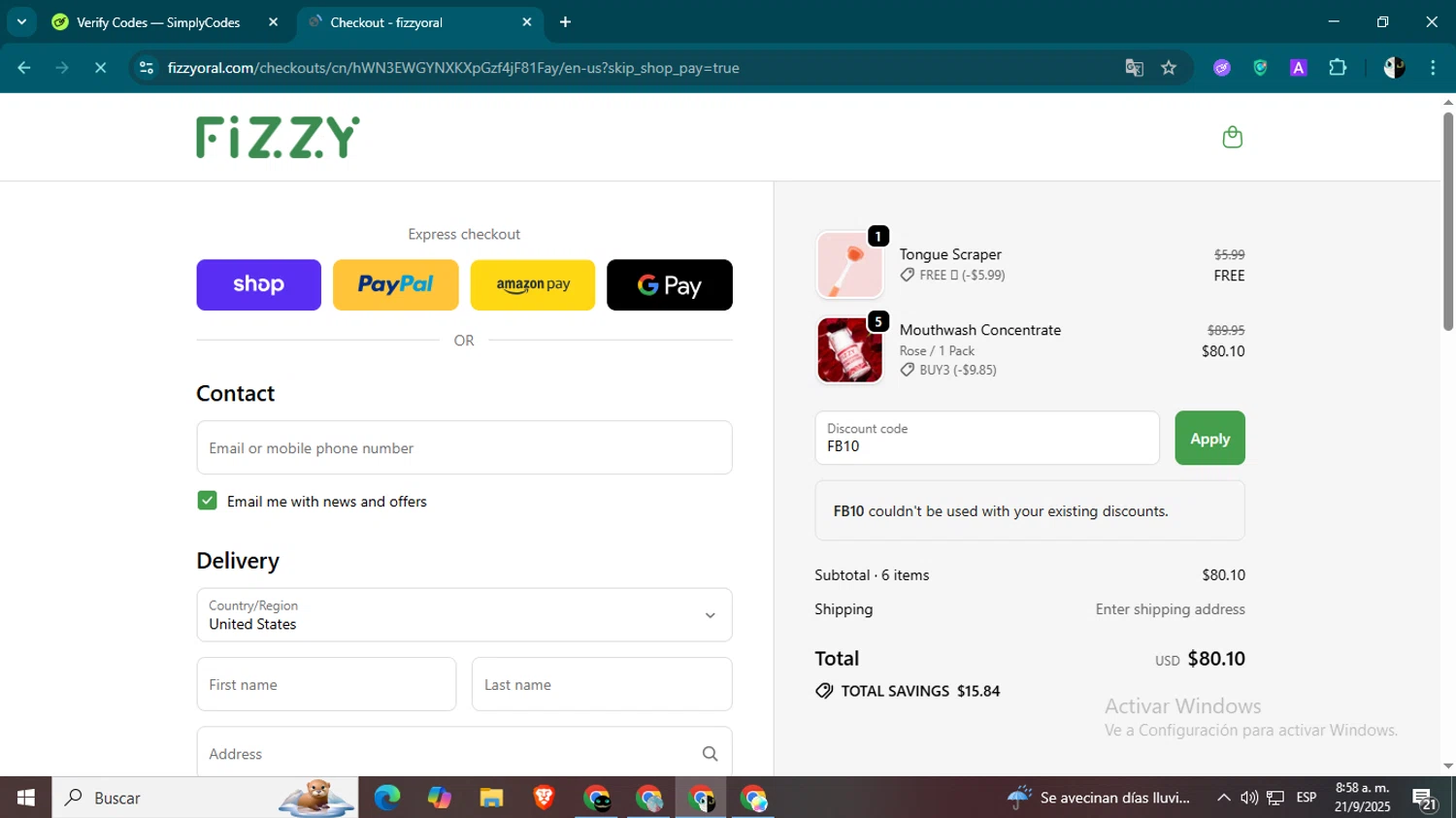 Fizzy Oral Care promo code screenshot showing code FB10 applied at Fizzy Oral Care checkout page. Uploaded by SimplyCodes community member CleverSage9163 on Sep 21, 2025