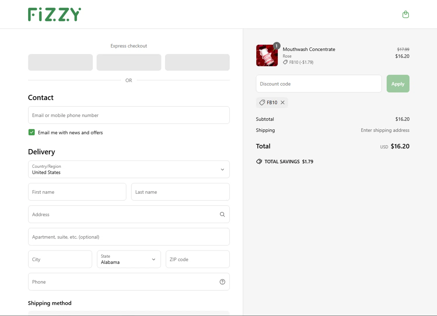 Fizzy Oral Care promo code screenshot showing code FB10 applied at Fizzy Oral Care checkout page. Uploaded by SimplyCodes community member Parangutirimicuaro on Apr 30, 2025