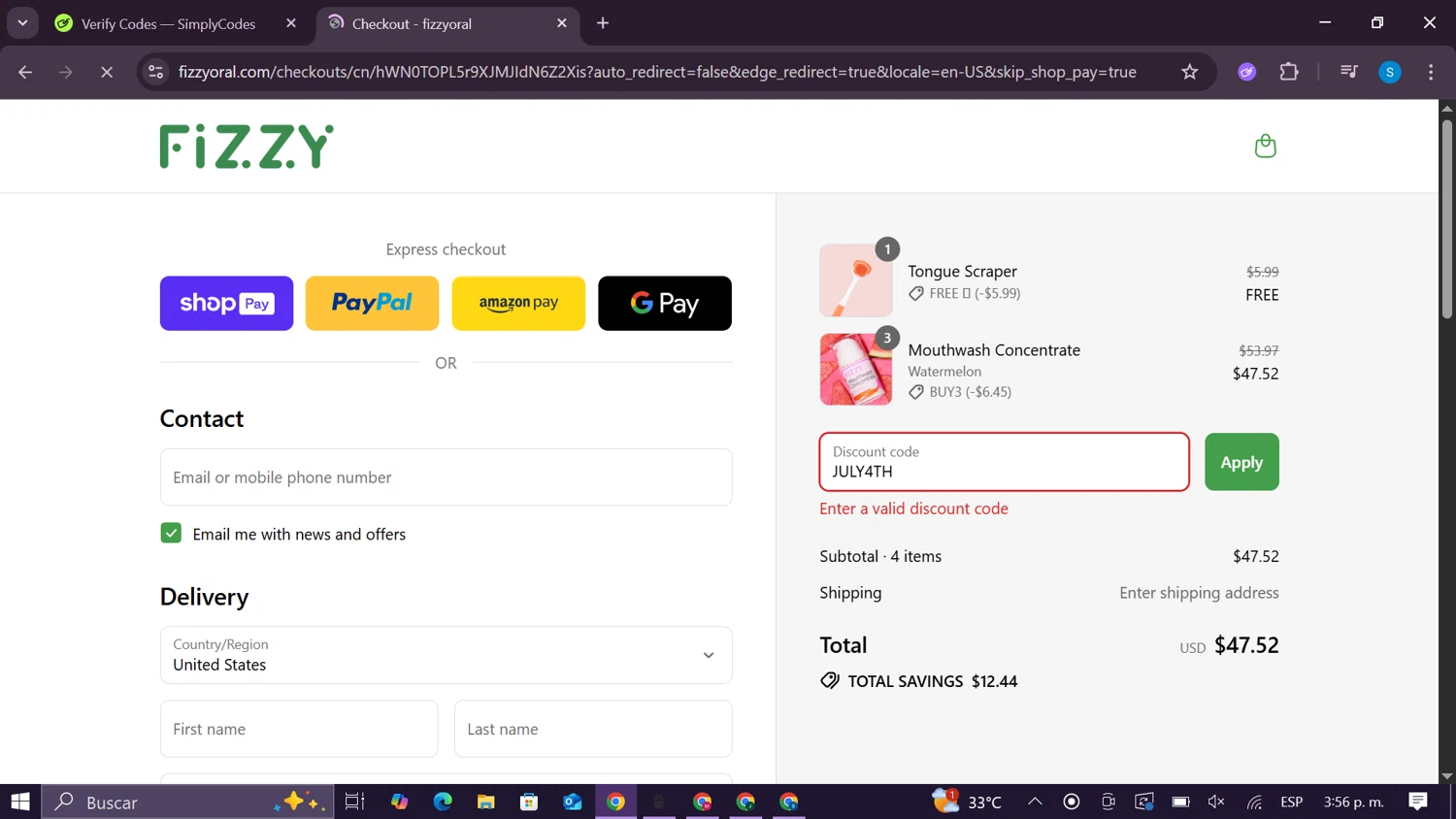 Fizzy Oral Care promo code screenshot showing code JULY4TH applied at Fizzy Oral Care checkout page. Uploaded by SimplyCodes community member CodeExpert981 on Jul 10, 2025