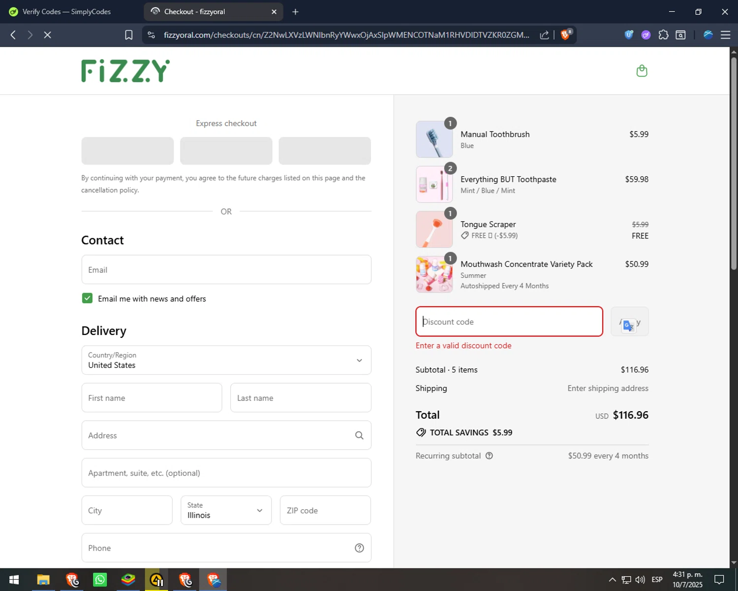 Fizzy Oral Care promo code screenshot showing code JULY4TH applied at Fizzy Oral Care checkout page. Uploaded by SimplyCodes community member balance888 on Jul 10, 2025