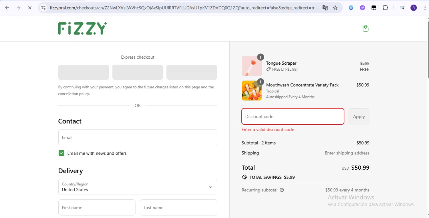 Fizzy Oral Care promo code screenshot showing code JULY4TH applied at Fizzy Oral Care checkout page. Uploaded by SimplyCodes community member zurdinha on Jul 10, 2025