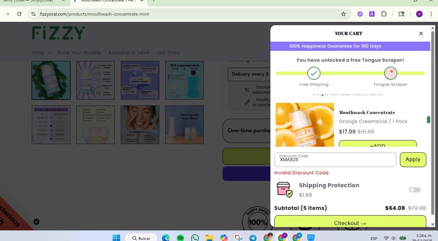 Fizzy Oral Care promo code screenshot showing code Xmas25 applied at Fizzy Oral Care checkout page. Uploaded by SimplyCodes community member Lamadama on Dec 29, 2025