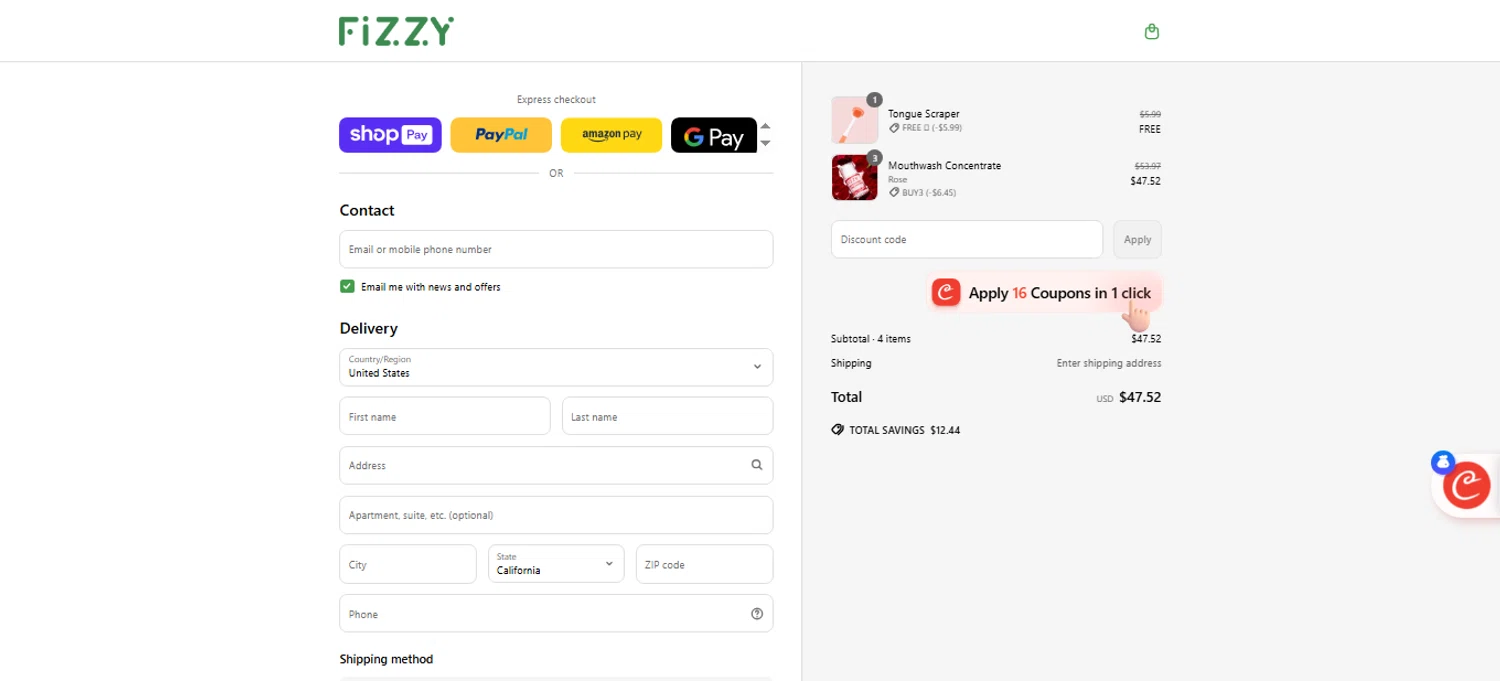 Fizzy Oral Care promo code screenshot showing code BUY3 applied at Fizzy Oral Care checkout page. Uploaded by SimplyCodes community member bettercallkim on Apr 29, 2025